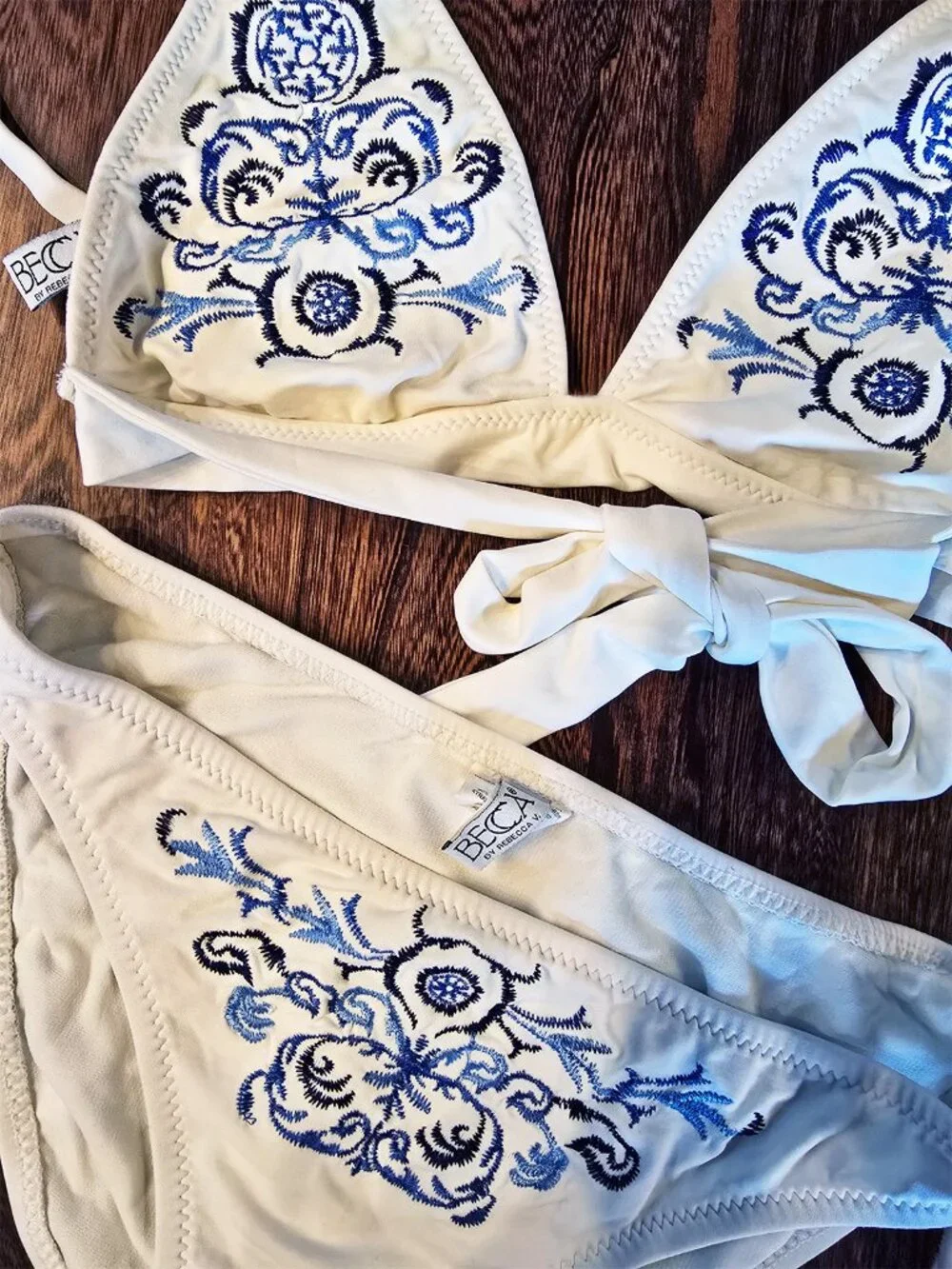 Anthropologie Becca White & Blue Porcelain Triangle Halter Bikini Size Medium